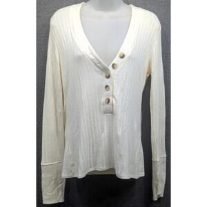 WRANGLER RETRO Womens Top - White, Long Sleeve, V-Neck, Ribbed, Buttons, Small
